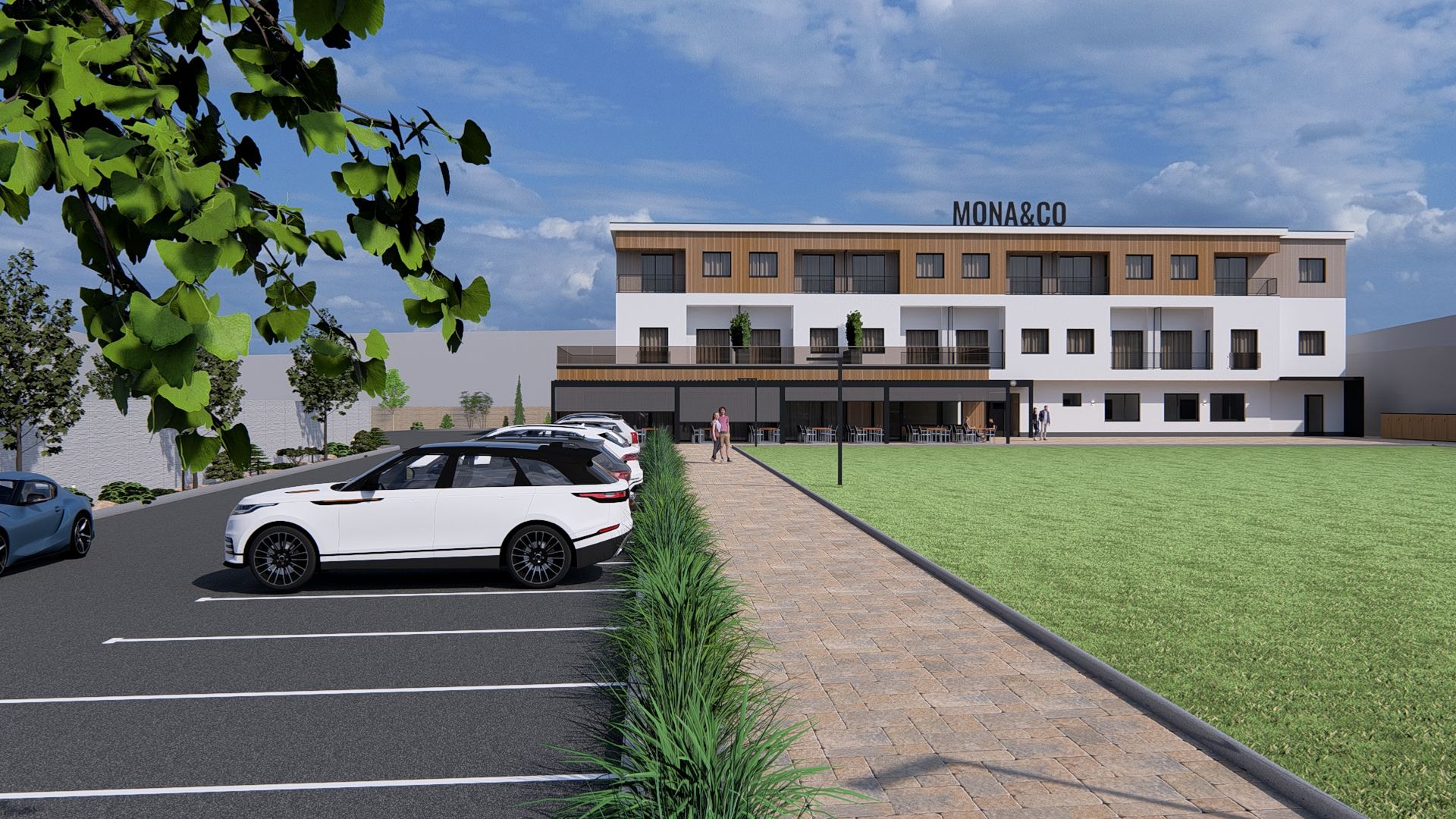 MONA&CO – Multifunkční centrum, pohled na budovu z areálu